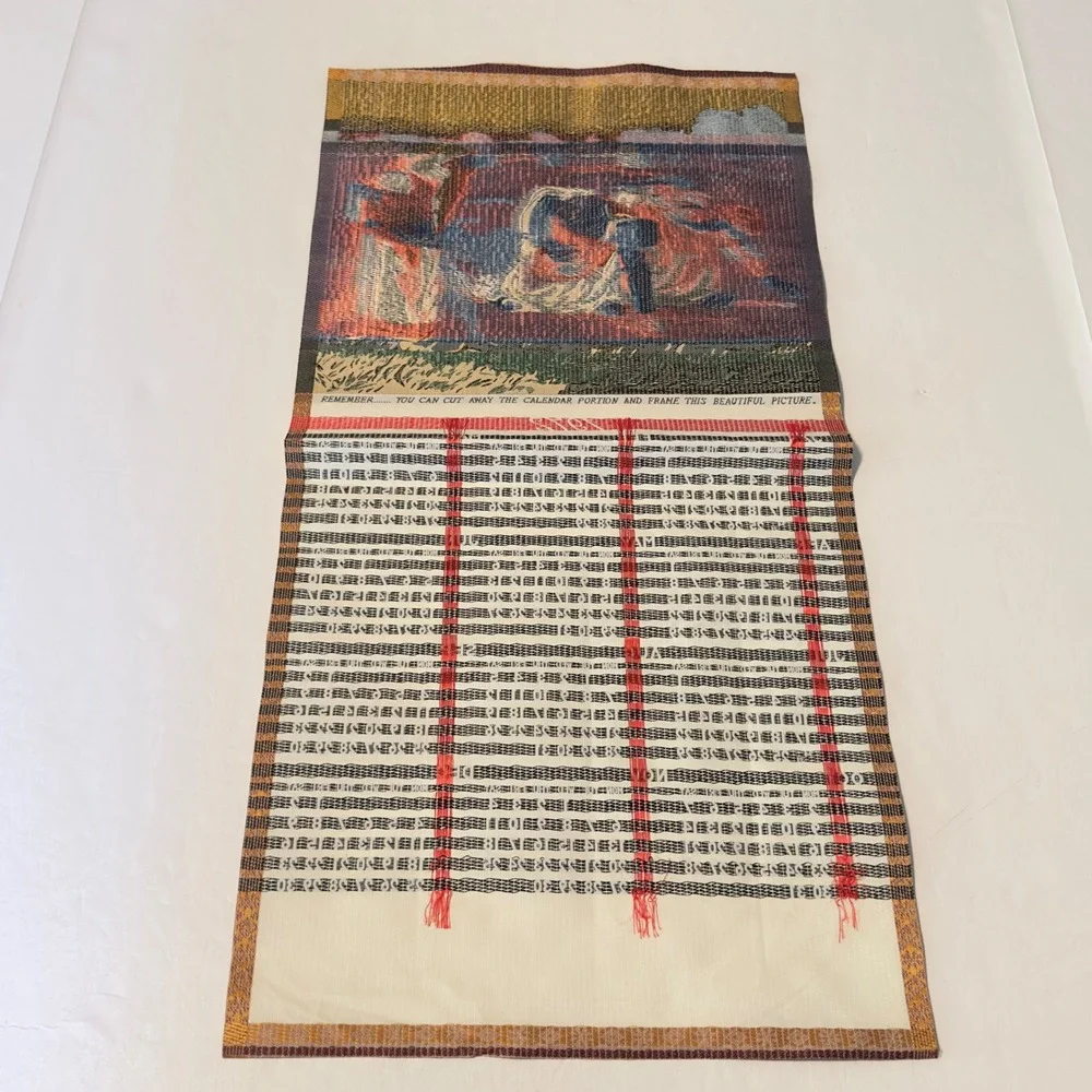 Vintage 1972 Asian Silk Woven Scroll Calendar The Gleaners Tapestry Wall Hanging